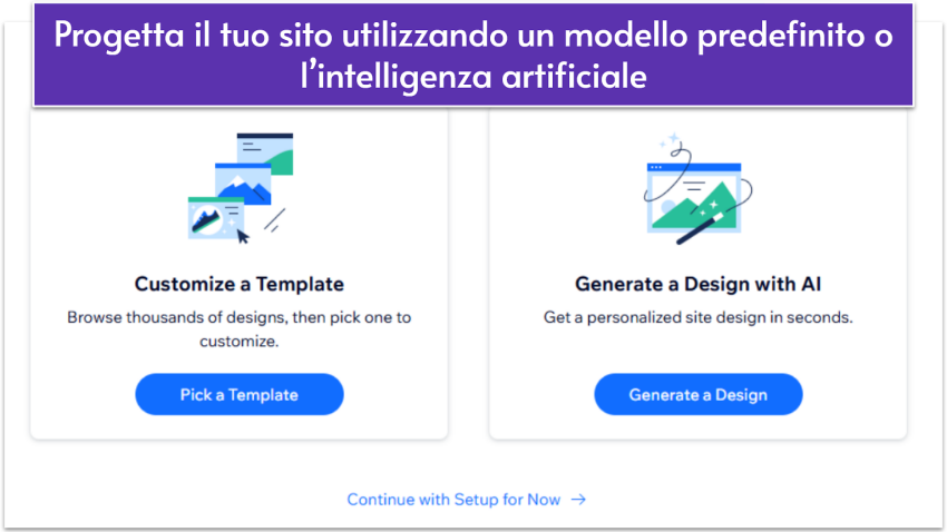 Menu di configurazione del modello Wix con le opzioni per personalizzare un modello o generare un design utilizzando l’intelligenza artificiale