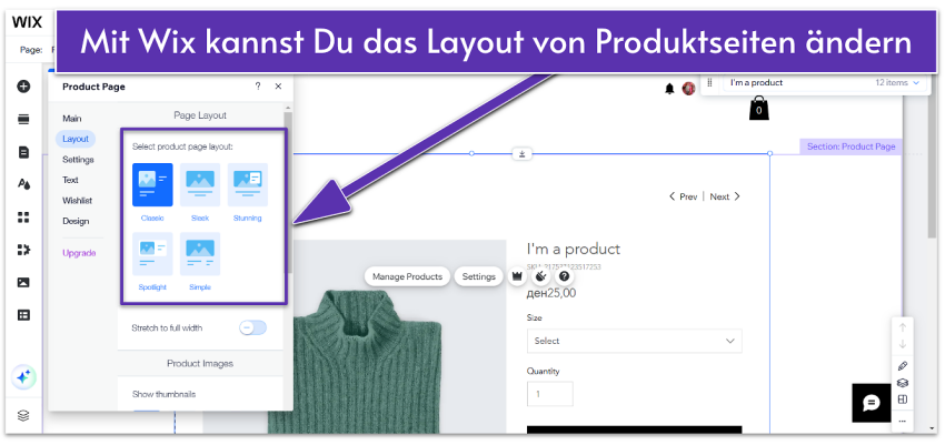 Wix product page layouts