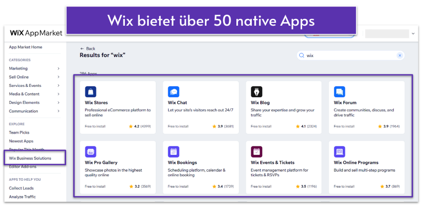 A list of Wix apps in Wix App Market