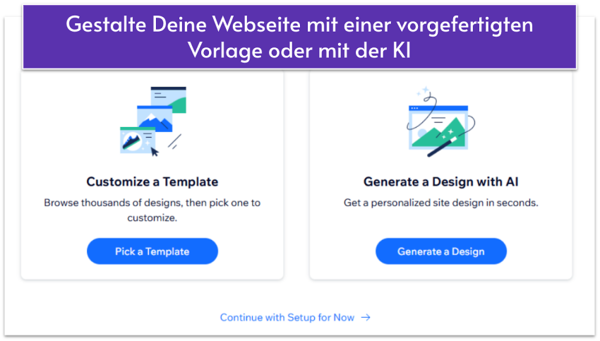 Wix's template setup menu with options to customize a template or generate a design with AI