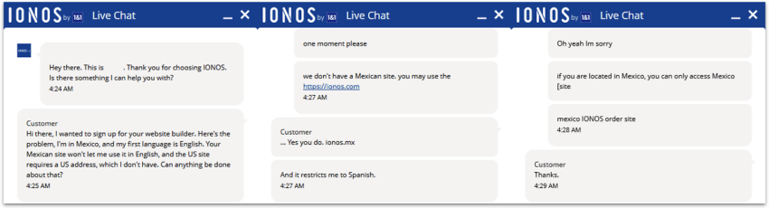 IONOS live-chat support interactions.