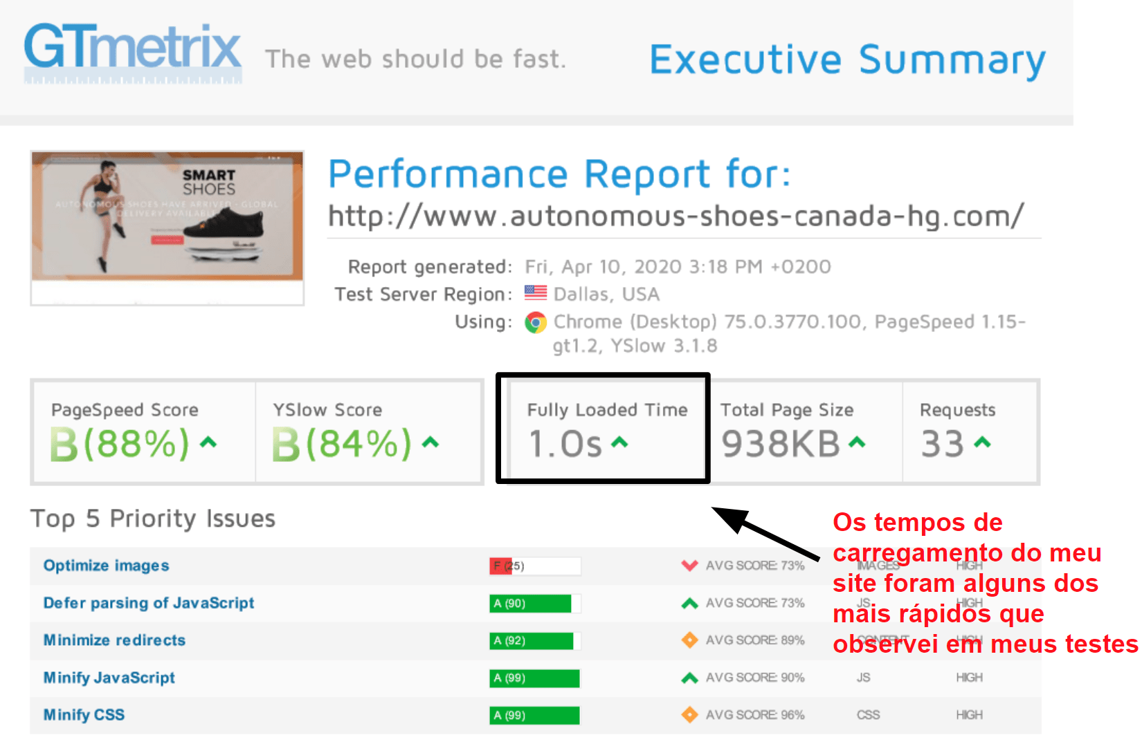 GTmetrix performance results_PT