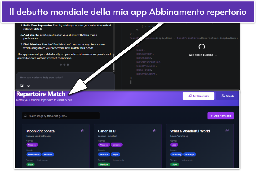 La mia app per arpista, creata dal generatore di app Horizons di Hostinger