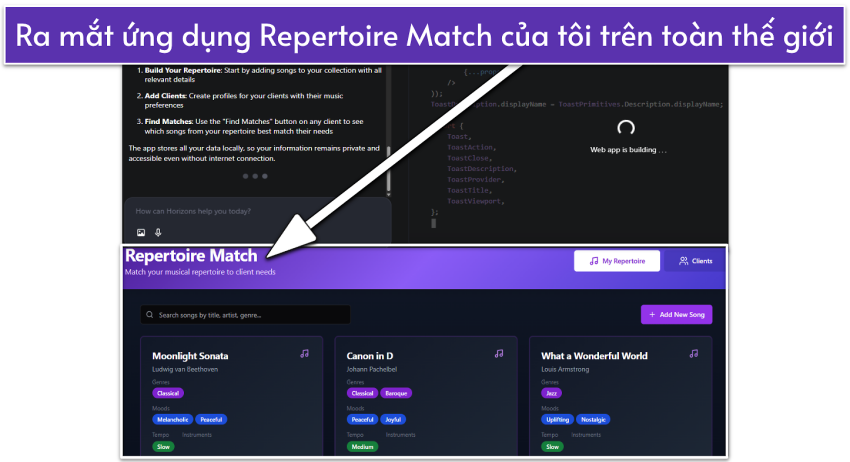 My very own harpist's app, created by Hostinger's Horizons app generator.