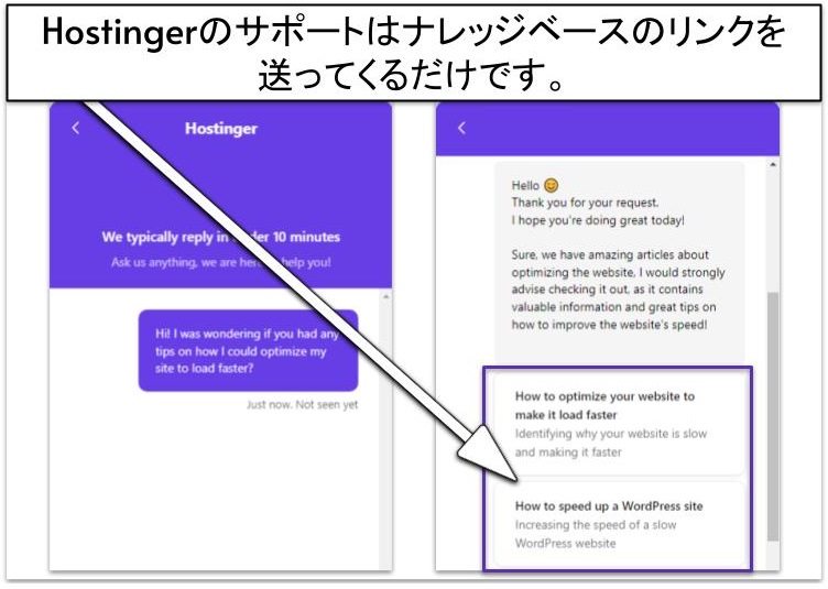 Hostingerのサポートはナレッジベースのリンクを送ってくるだけです。