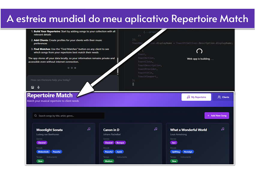 My very own harpist's app, created by Hostinger's Horizons app generator