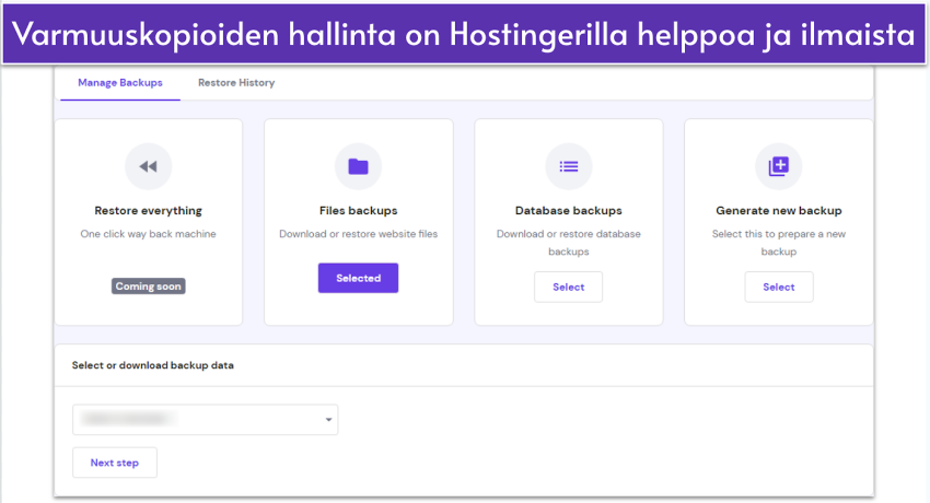Screenshot of Hostinger's backup management page