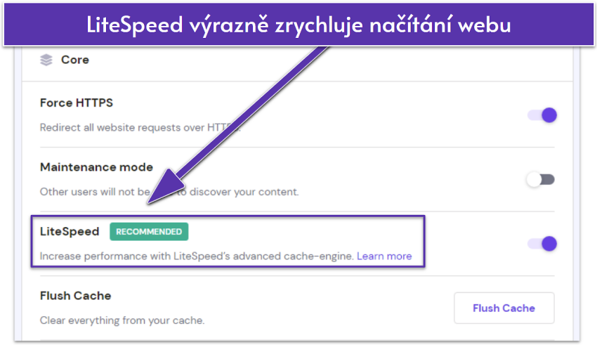 Screenshot displaying Hostinger's site settings with LiteSpeed enabled.