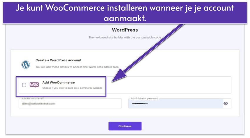Hostinger kan optioneel de WooCommerce plug-in installeren met WordPress