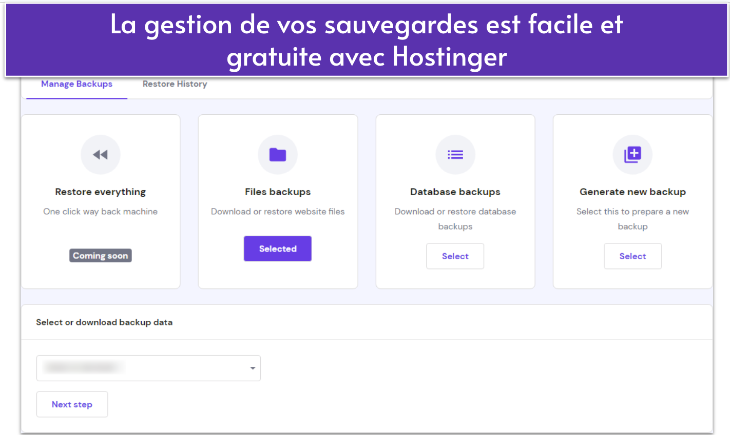Screenshot of Hostinger's backup management page