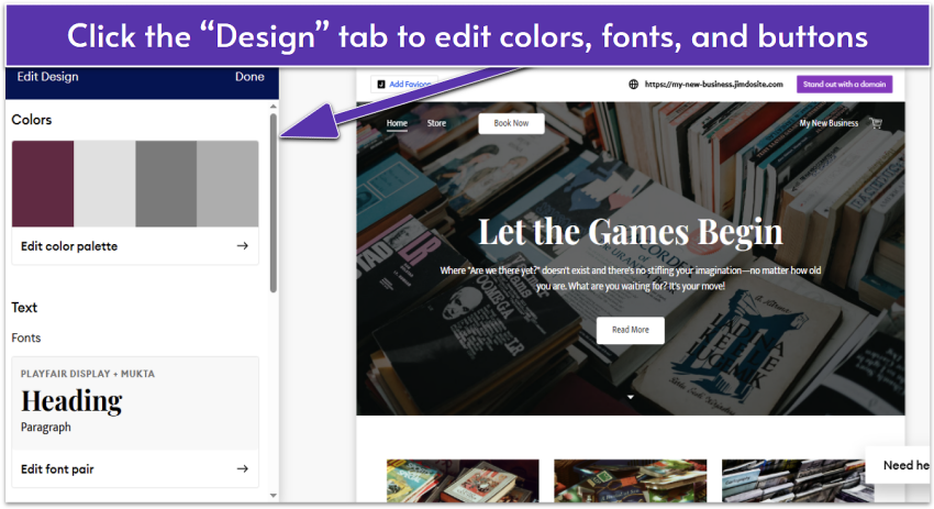 Jimdo site editor showing color and font options.