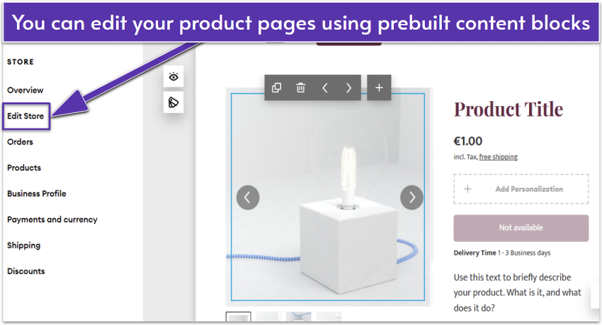 Jimdo product page editing interface.