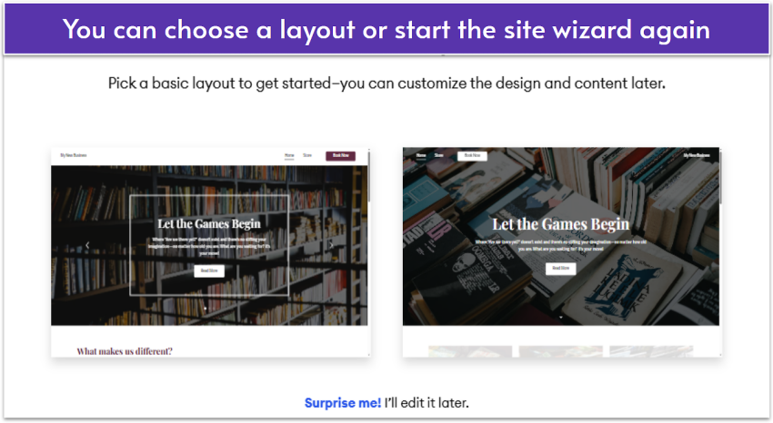Jimdo site creation wizard showing two template layouts.