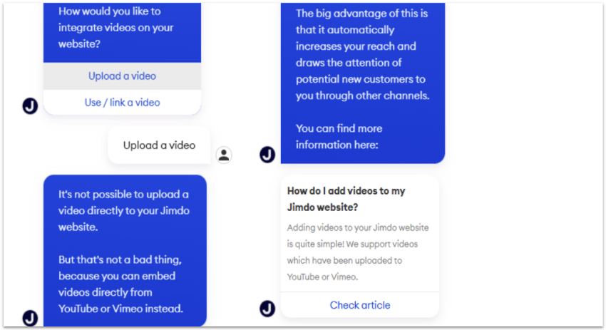 Jimdo chat bot replies.