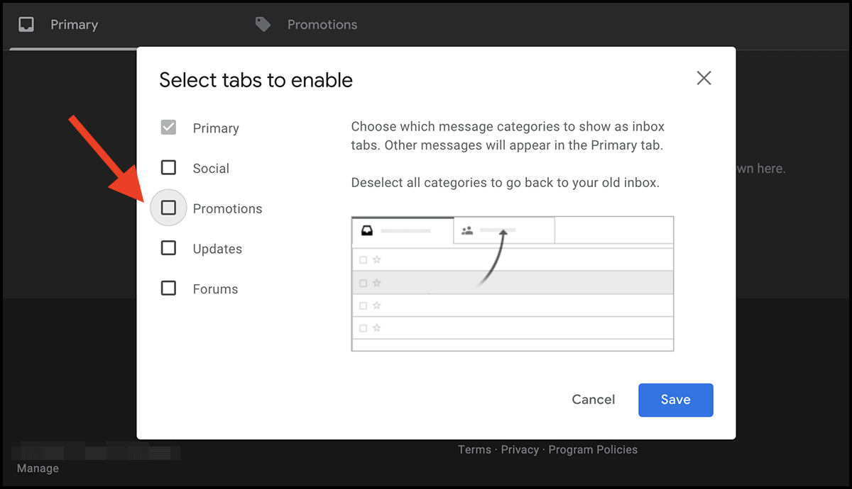 how to disable Gmail promotions tab