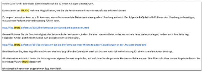 Email from STRATO customer service