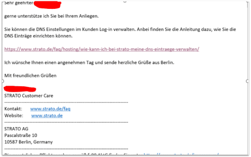 Email from STRATO customer service