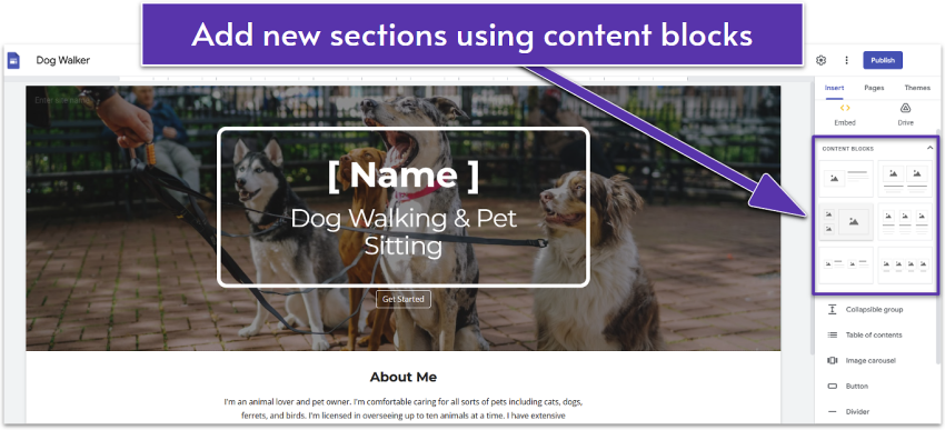 Content blocks in the Google Sites editor.