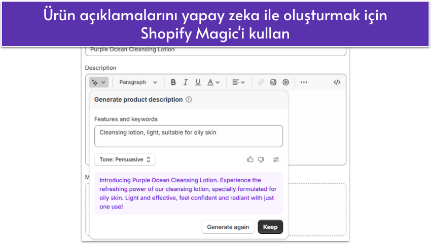 Screenshot of Shopify Magic generating AI product description