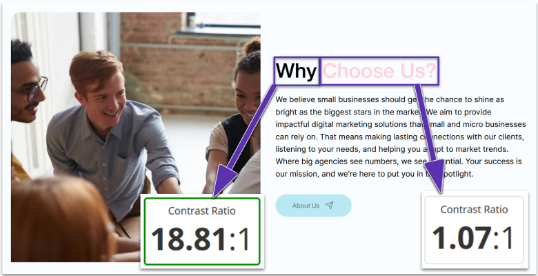 Wix site with contrast ratio showing.