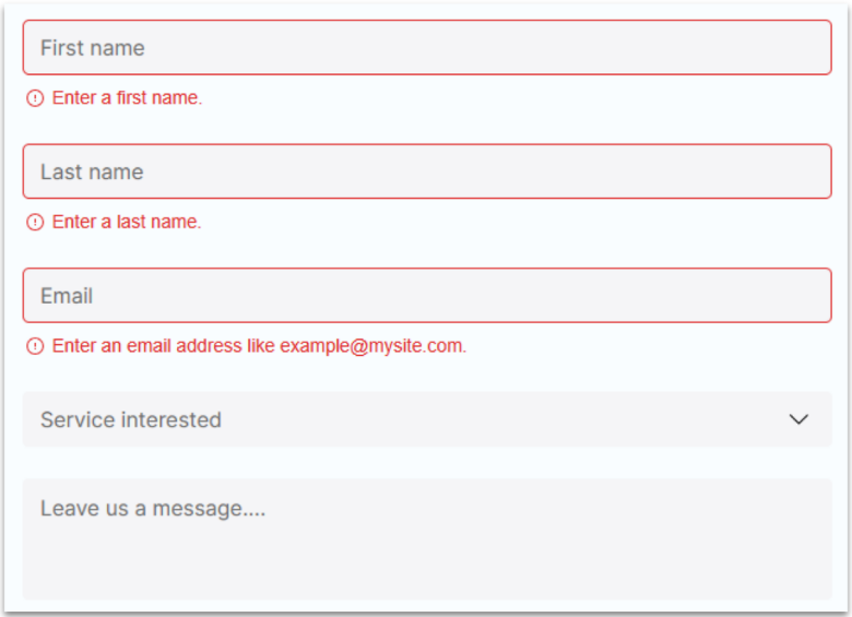 A Wix contact form with errors.