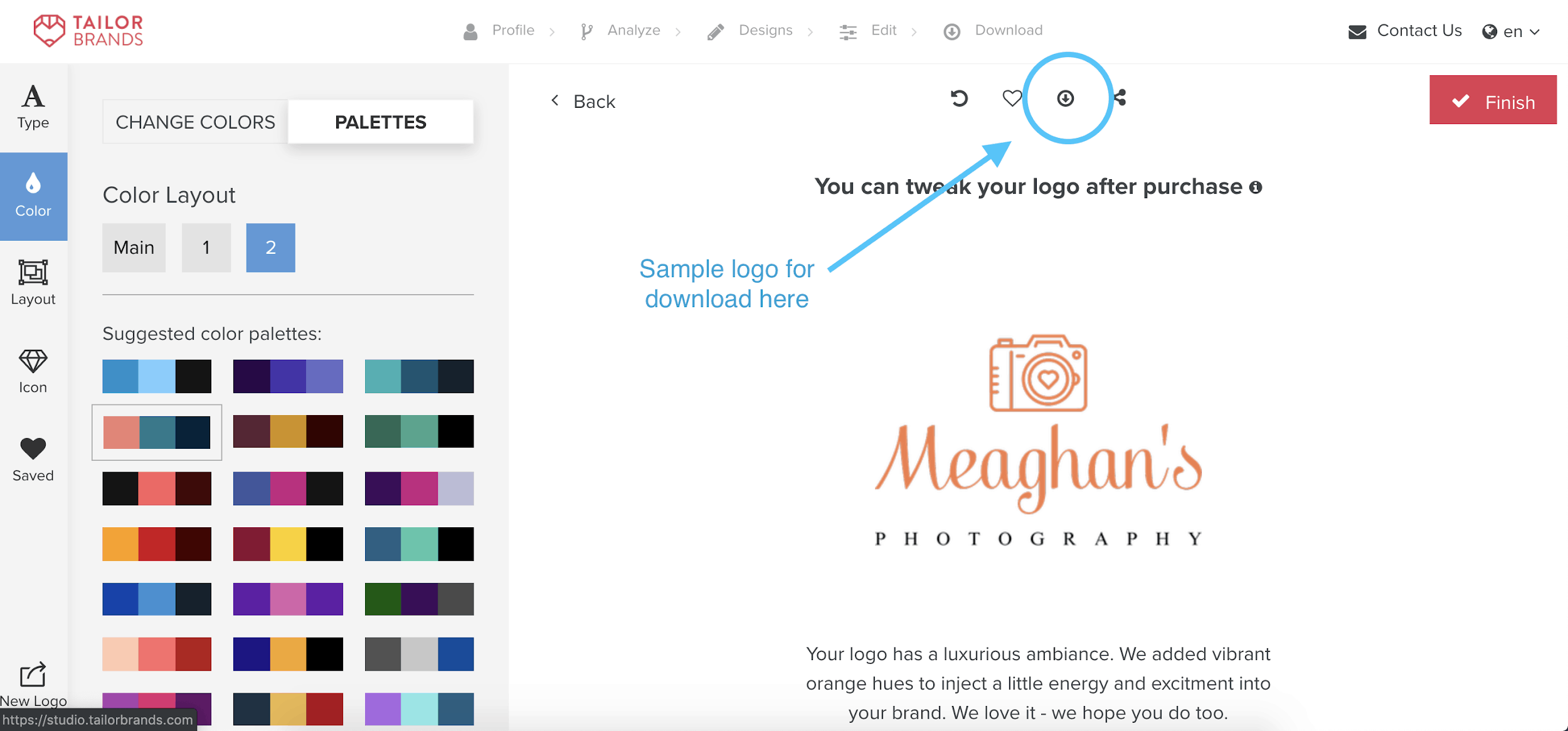 Tailor Brands screenshot - How to download a free sample logo