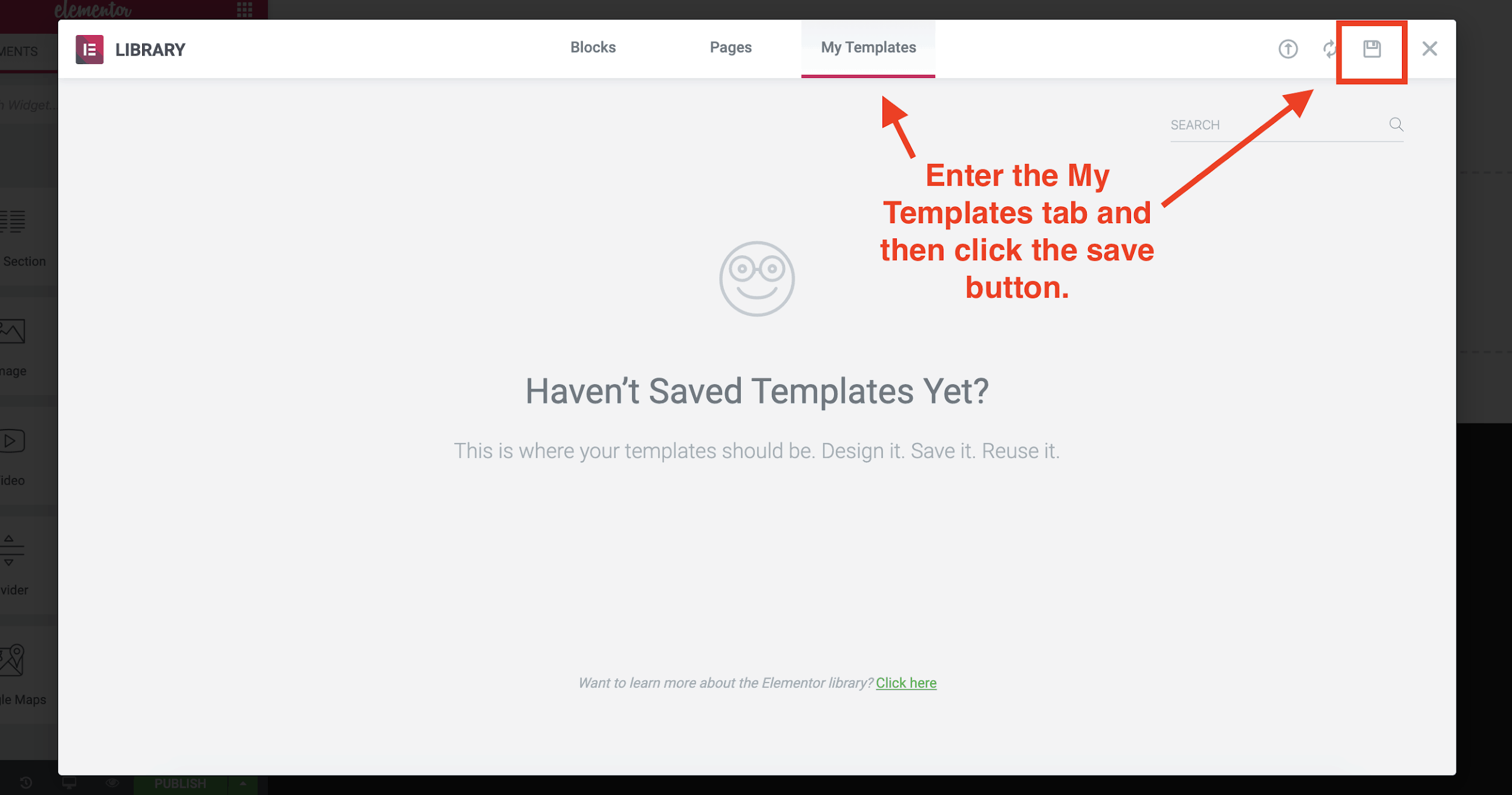 Opening a saved template on Elementor