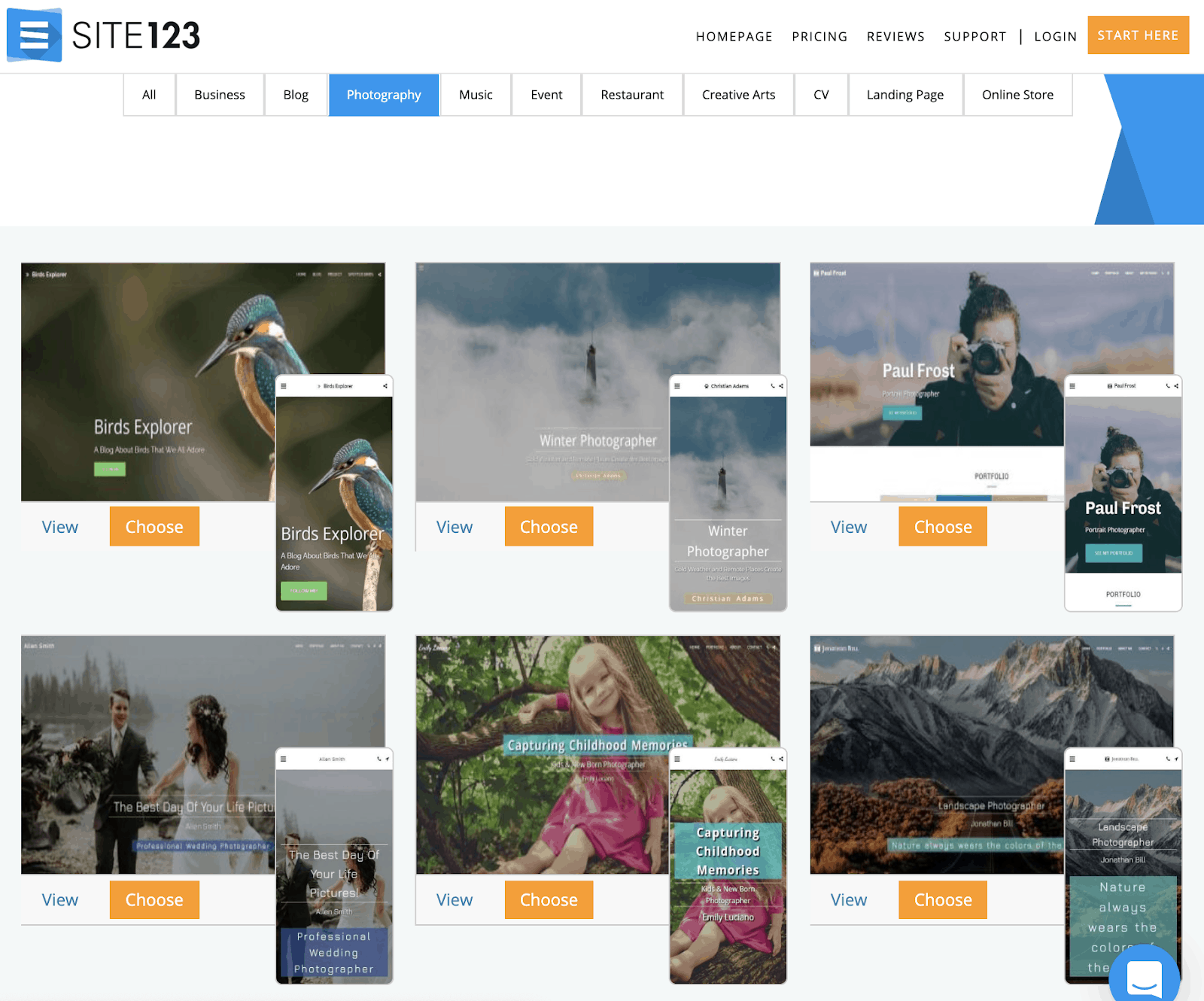 SITE123 templates for photography websites