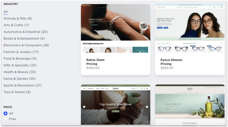 BigCommerce's website templates that can be sorted by industry.