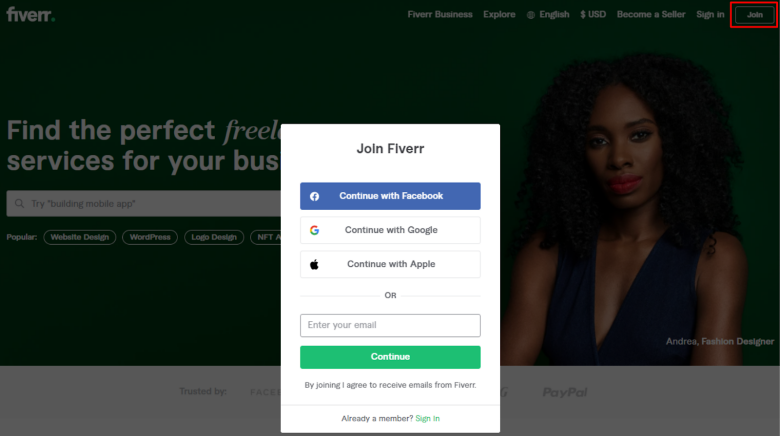 How to join Fiverr - homepage