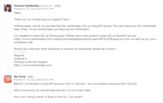 Ticketing system response from Namecheap customer support