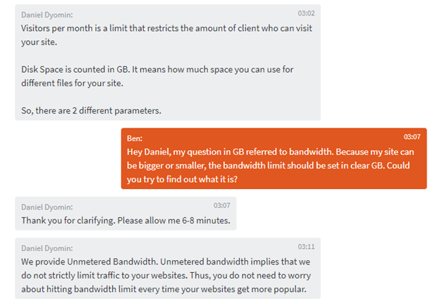Online conversation with customer support for Namecheap