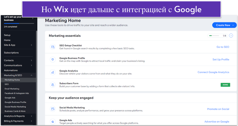 The Wix menu for marketing