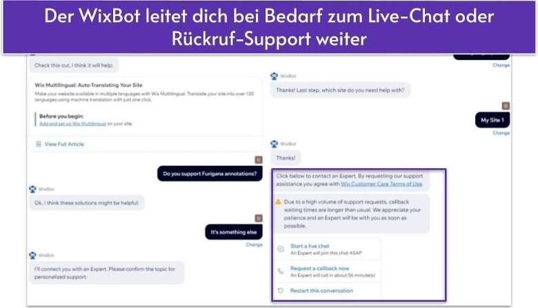 Der WixBot leitet dich bei Bedarf zum Live-Chat oder Rückruf-Support weiter
