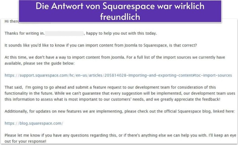 Die Antwort von Squarespace war wirklich freundlich