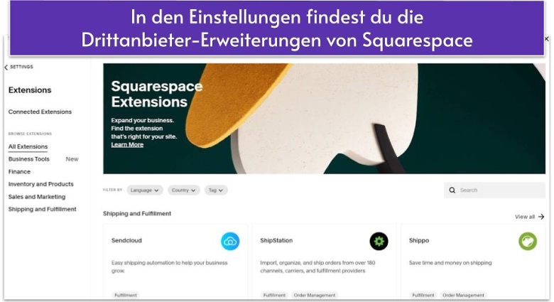 In den Einstellungen findest du die Drittanbieter-Erweiterungen von Squarespace