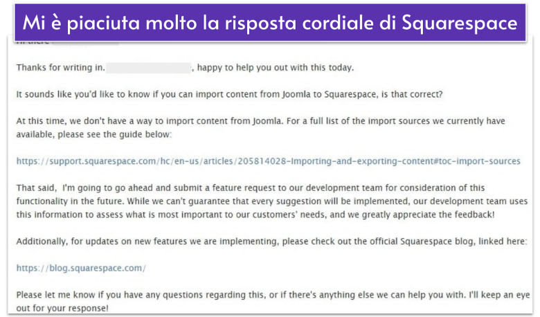 An email from Squarespace's customer support team
