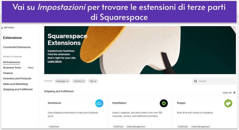 The menu for Squarespace Extensions