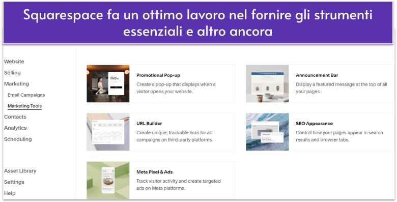 The Squarespace menu for marketing