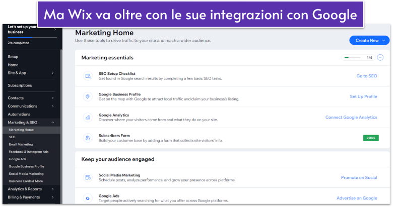 The Wix menu for marketing