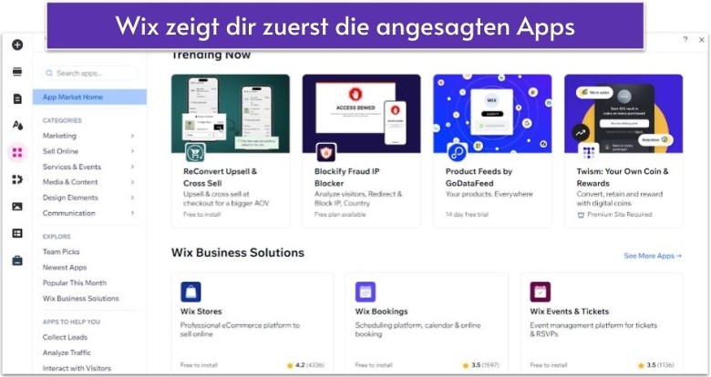 Wix zeigt dir zuerst die angesagten Apps