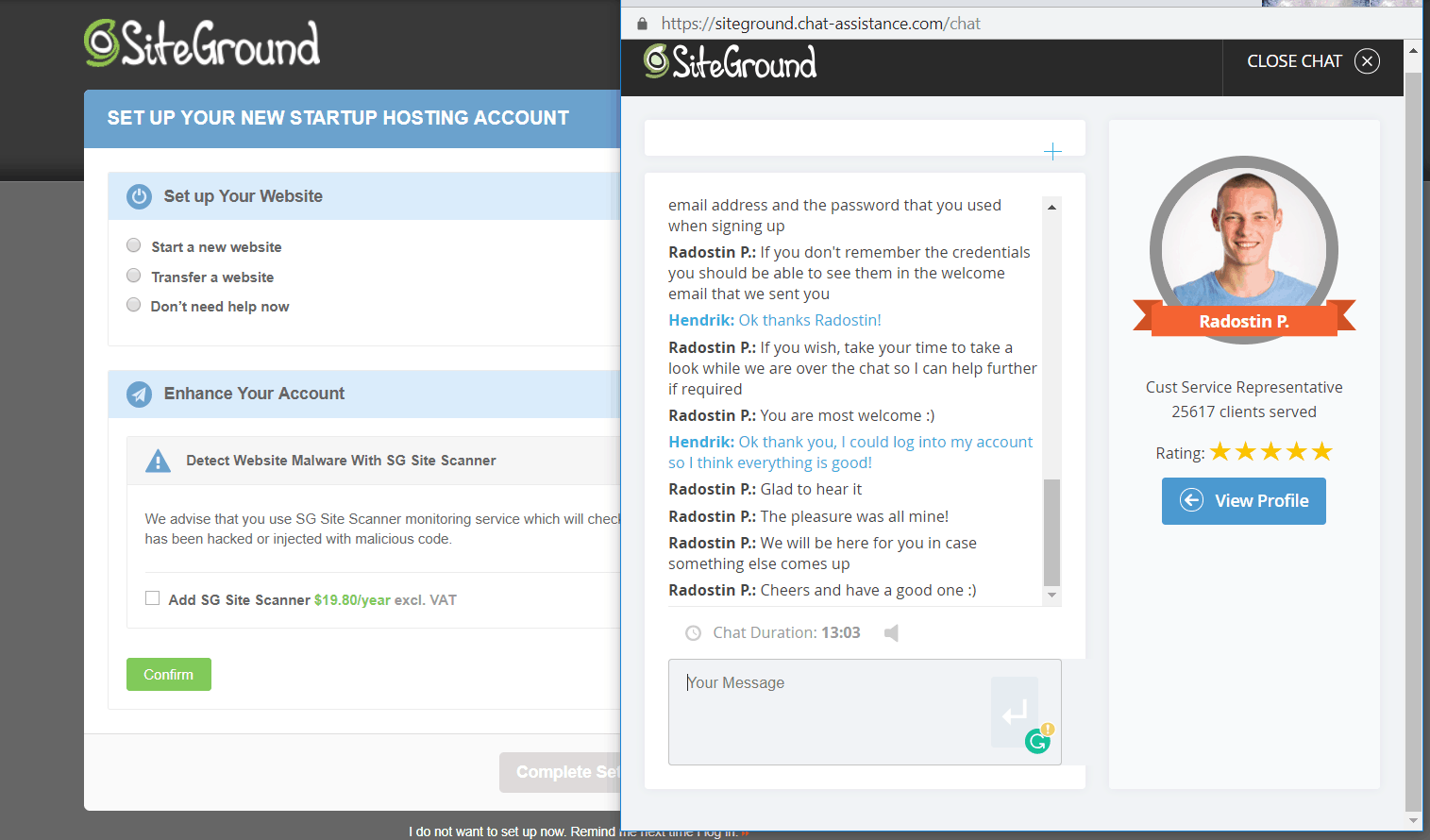 screenshot assistenza via chat con siteground
