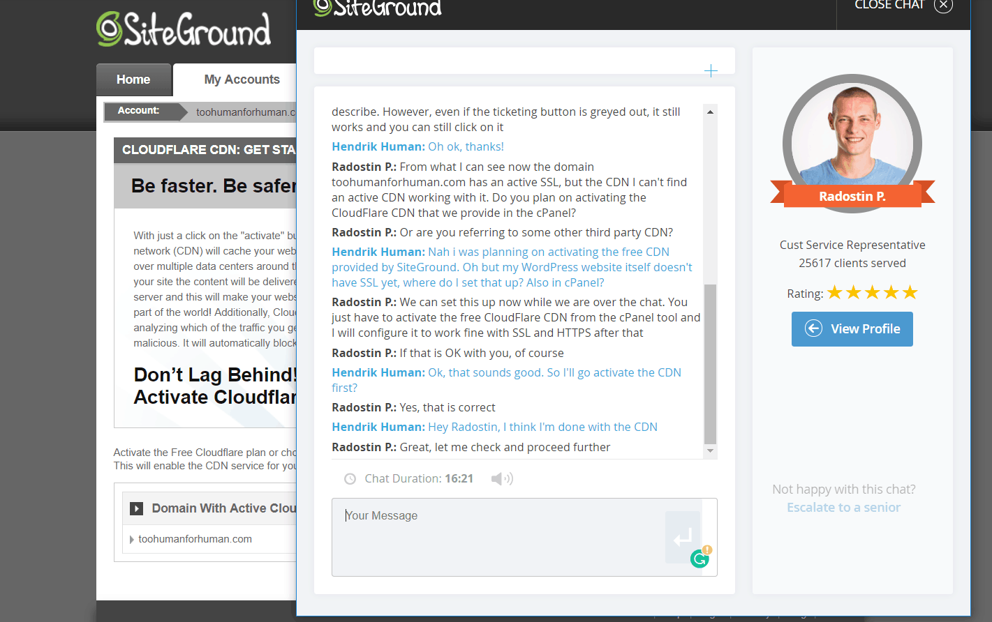screenshot assistenza via chat con siteground