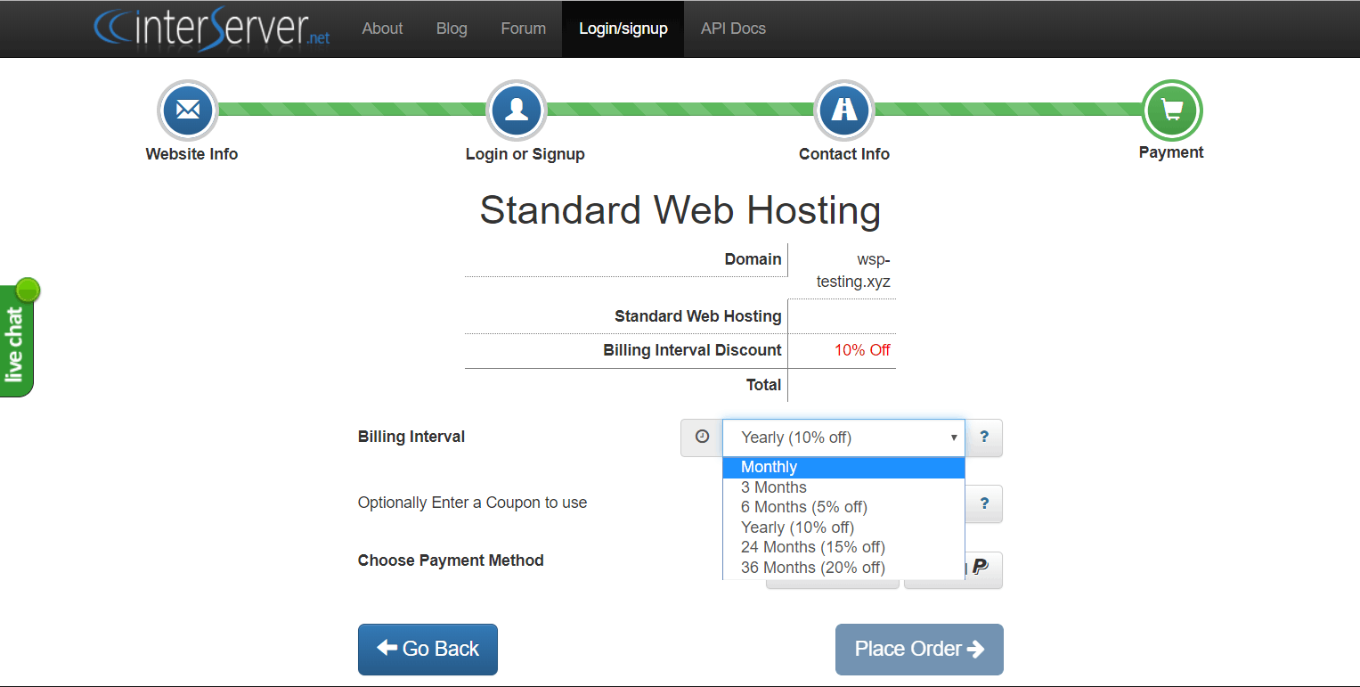 Pantalla de pago para comprar el hosting web estándar de InterServer