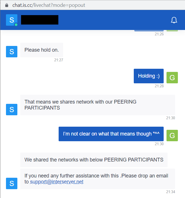 risposte dell’assistenza clienti di InterServer su live chat