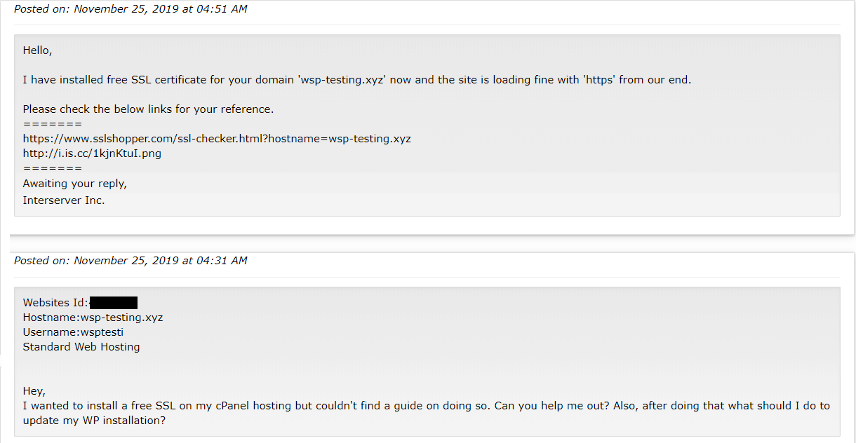 risposte dell’assistenza clienti di InterServer via email