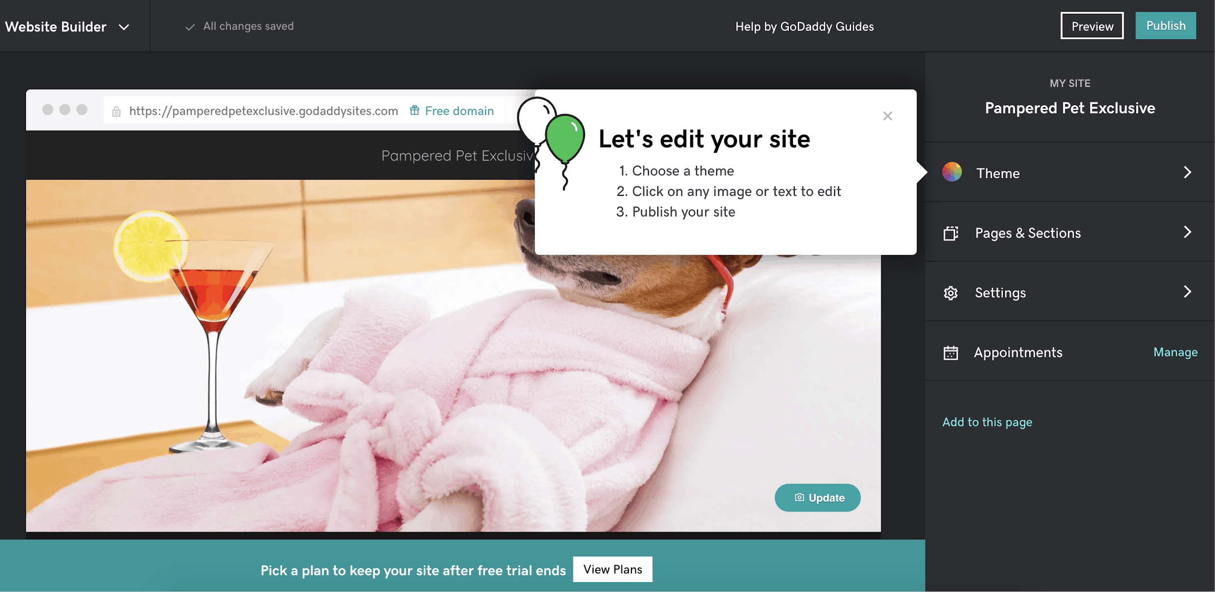 GoDaddy Website Builder editor