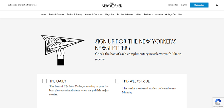 New Yorker landing page with opt-in options for different types of emails