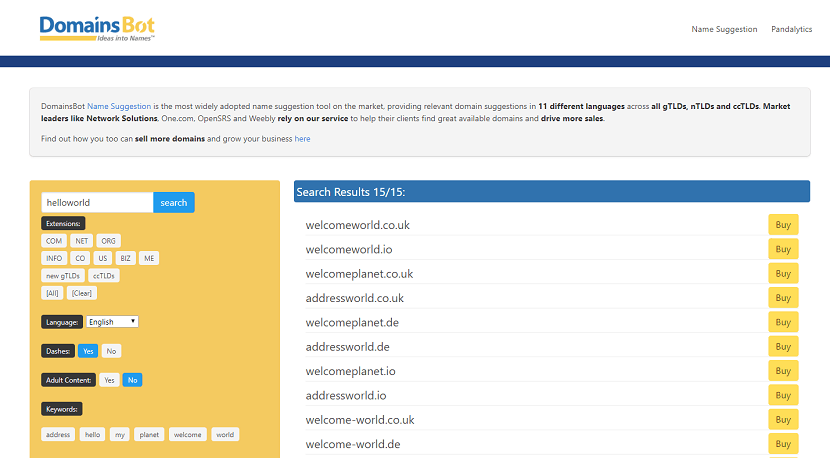 Domains Bot Domain Name Generator Screenshot