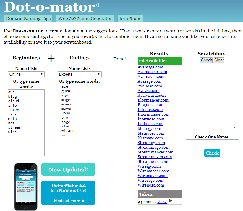 Dot-o-mator Domain Name Generator